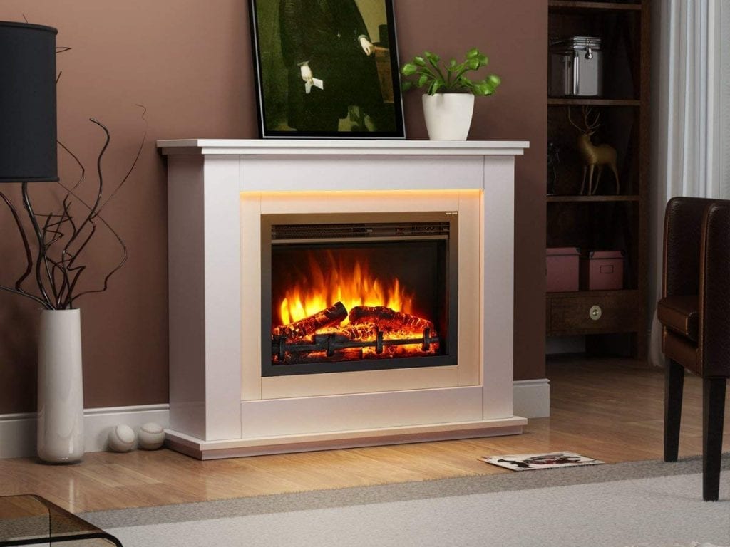 estufas eléctricas modernas calefactora blanca simulando la quema de leña con efecto fuego
